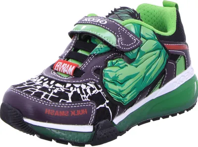 A single Hulk-themed children's sneaker is shown against a white background.