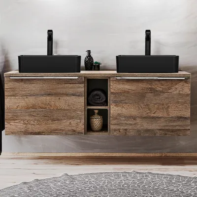 Produktbild von Doppelwaschtisch-Unterschrank 140cm mit 2 Keramikbecken PUEBLA-56 in Vintage Oak, B/H/T ca.: 140,4/61,5/46 cm