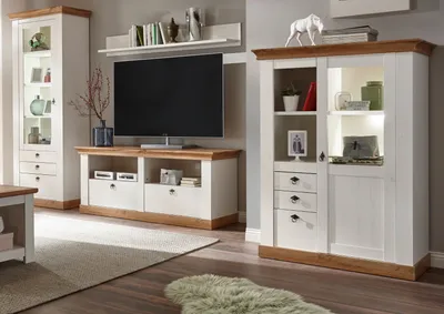 Produktbild von Wohnwand "Hemsby" in weiß Pinie und Eiche Wotan Landhaus Schrankwand 4-teilig