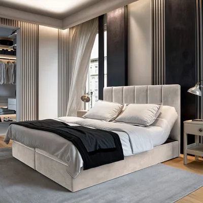 Produktbild von Masseno Boxspringbett BARINO 200x200 cm Komplett-Set mit Bonell Matratze und Topper, Polsterbett mit Bettkästen - Beige, PAROS 02