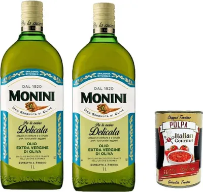Produktbild von Monini Delicata Natives Olivenöl Extra 2×1 L – mild & ausgewogen, kalt extrahiert, 100% italienische Oliven – perfekt für Salate, Kochen & Marinaden – + Italian Gourmet polpa
