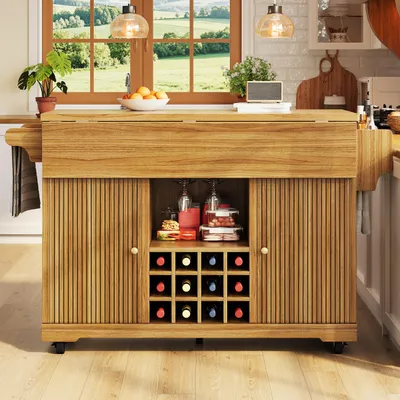 Obrázek produktu pro Kuchyňský vozík MODFU s pracovní deskou, servírovací vozík vysoký 95 cm, kuchyňský ostrůvek na kolečkách, sklopné boční stěny a velký úložný prostor, tmavě hnědý