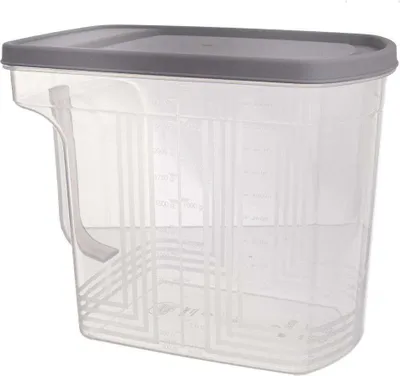 A clear, studio shot of a transparent food storage container with a gray lid.