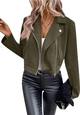 Produktbild von ASKSA Damen Faux Wildleder Biker Moto Jacke Langarm Reissverschluss Kurze Freizeitmaentel Outwear,Gruen,XXL