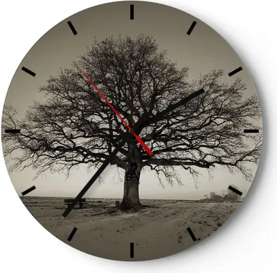 Produktbild von Wanduhr - Rund - Glasuhr - Baum Schnee Sepia - 40x40cm - Schleichendes Uhrwerk - Lautlos - zum Aufhängen bereit - Dekoration Modern - Wanddekoration aus Glas - C3AR40x40-4161