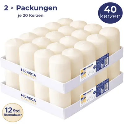 Produktbild von HORECA CANDLES Stumpenkerzen 40 Stück – 12 h, Elfenbein, 4 × 7 cm, ohne Duft, Kerzen für Haushalt, Feiern und Gastronomie