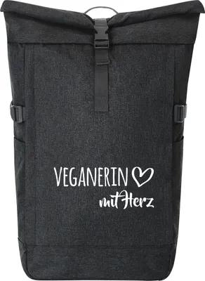 Produktbild von Huuraa Kurierrucksack Veganierin mit Herz 30-44 Liter Black Melange Fairtrade Rolltop Rucksack Geschenkidee