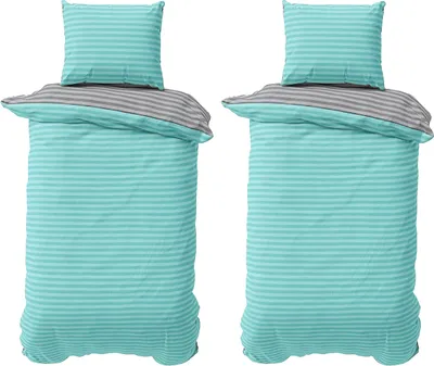 Produktbild von Baumwolle Bettwäsche 155x200 cm Türkis Grau gestreift Stripe Damast Bettbezug PolyBaumwolle Wendebettwäsche 4 teilig