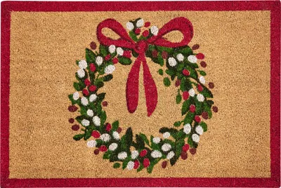 Produktbild von BELIANI Fußmatte Naturfarben Kokosfasern 60 x 90 cm Weihnachten Weihnachtsmotiv Weihnachtskranz Rutschfeste Unterseite Fußabtreter Türvorleger