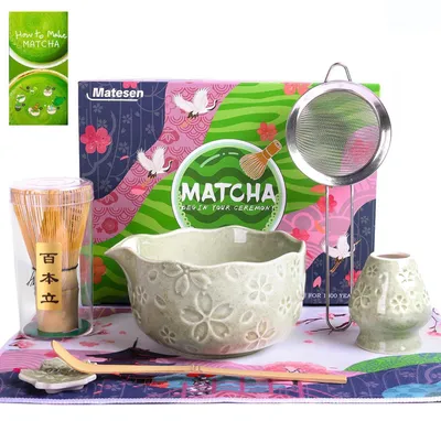 Immagine prodotto di Set per Matcha, 7 pezzi, kit di avviamento premium, verde, con setaccio e frustino, ideale per principianti