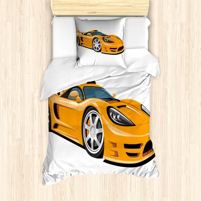 Produktbild von ABAKUHAUS Autos Mantele, Orange Fast-Sportwagen, Milbensicher Allergiker geeignet mit Kissenbezügen, 135 cm x 200 cm - 80 x 80 cm, Pale Orange Schwarz Grau