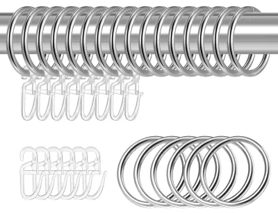 Produktbild von 22 Metall-Gardinenringe und 22 Kunststoff-Gardinenhaken für Fenster, Türen und Duschvorhänge, 30 mm Innendurchmesser (silber)