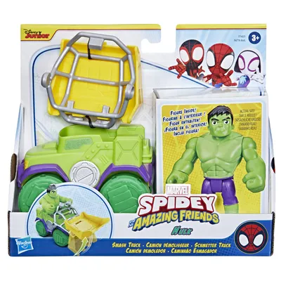 The image shows the retail packaging for a Spidey and his Amazing Friends Hulk Smash Truck toy.