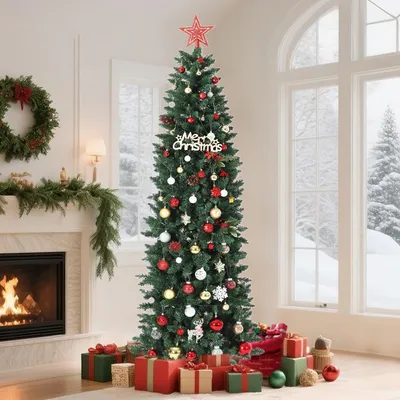 Produktbild von Künstlicher, schmaler Weihnachtsbaum, schlanke Form, 225 cm (7,5 Fuß) mit LED-Beleuchtung (zwei Farben / warmweiß) – Aufhängevorrichtung, Metallfuß