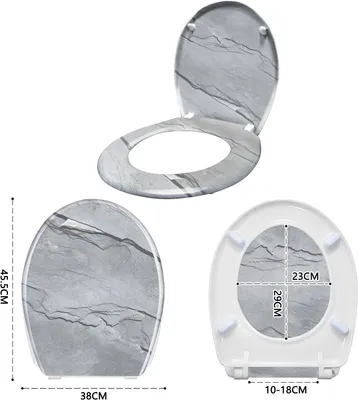 A collage of images showing a toilet seat with a marble pattern, including dimensions.