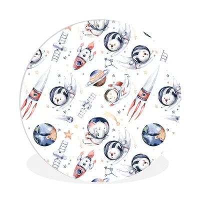 Produktbild von MuchoWow® Rundes Wandbild - Runde Bilder Muster - Tiere - Rakete - Jungen - Kinder - Mädchen Ø 90 cm Kreis Wanddekoration Kunststoff - Wandkreis - Wandschmuck - Wand-Kreis - Wohnzimmer - Bild - Runde - Wanddeko - Dibond - Kunstdrucke