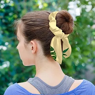 Produktbild von Haargummis mit Schleife und tropischem grünem Blumenmuster, elastische Pferdeschwanzhalter für Damen, Teenager und Mädchen, 6 Stück