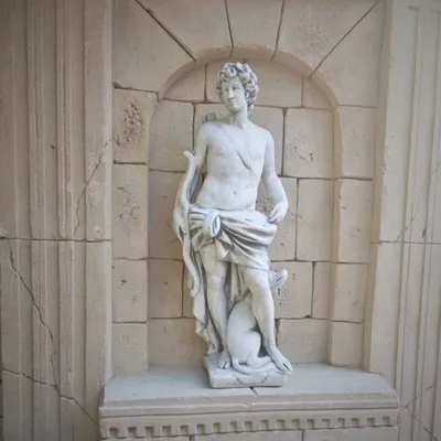 Jugendstil Garten Terrassen Deko Skulptur Mann mit Bogen und Hund Grau