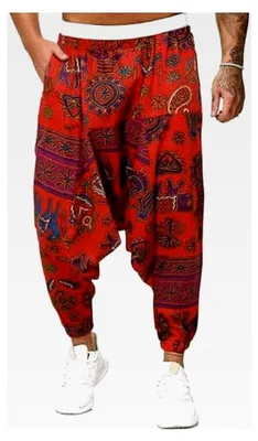 Produktbild von Zweifarbige Haremshose für Herren, Ethnische Pumphose, Baggy Boho Pluderhose, Uni, Niedrige Aladinhose, Hippie Schritt Hose, Weites Bein Strandhose