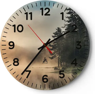 Produktbild von Wanduhr - Rund - Glasuhr - Nebel See Wald - 30x30cm - Schleichendes Uhrwerk - Lautlos - zum Aufhängen bereit - Dekoration Modern - Wanddekoration aus Glas - C4AR30x30-4440