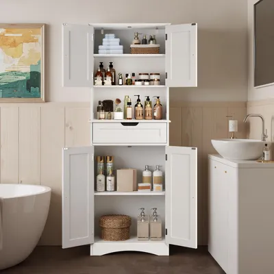 Image de BEALIFE Armoire de salle de bain haute 60x30x170 cm | 4 portes en MDF avec dispositif anti-basculement | Avec compartiment ouvert et tiroir | AP14 Blanc