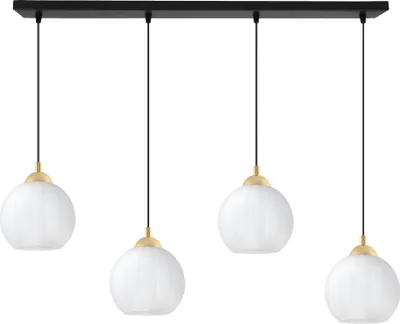 Produktbild von Hängeleuchte Costa schwarz-gold 4-flammig mit weißen Kugeln E27 – elegante Pendelleuchte für stilvolle Innenbeleuchtung