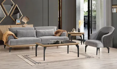 Zdjęcie produktu dla Szary zestaw do salonu 3-osobowa sofa Fotel tapicerowany Stoliki kawowe