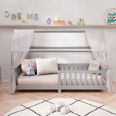 Produktbild von Hausbett NINA aus massiver Kiefer, schönes Montessori Bett in 90 x 200, minimalistisches Kinderbett mit Dach in grau