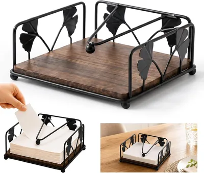 Produktbild von Serviettenhalter aus schwarzem Metall mit Holzsockel, Serviettenspender mit Ginkgoblattrand im Vintage-Stil für Tisch, Küche und Zuhause