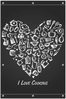 Produktbild von Wallario Outdoor-Poster für Garten oder Balkon, Motiv I Love Cooking - Herz aus Küchenutensilien in schwarz weiß, in ca. 80 x 120 cm
