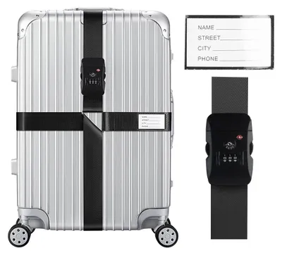 Image de Sangles à fixation croisée pour bagages, sangle pour valise, homologuée TSA avec cadenas, sangles réglables pour valises, sangle pour bagages avec étiquette nominative, sangles de rangement pour bagages (noir, 1 pièce)