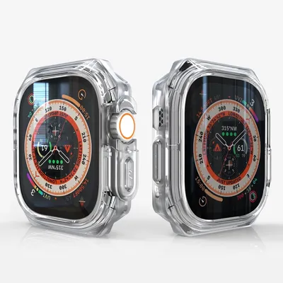 Two clear protective cases for an Apple Watch Ultra are shown from different angles against a white background.