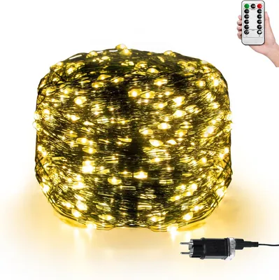 Image de Guirlande lumineuse LED LARS360, 100 mètres, avec prise et télécommande. Guirlande en fil de cuivre avec 1000 LED, lumière blanc chaud, 8 modes d'éclairage, 4 niveaux de luminosité, minuterie, idéale pour la décoration de Noël, les mariages et les fêtes