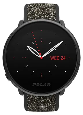 A close-up of a Polar Ignite 2 smartwatch with a black face and a glittery strap.