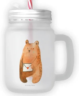 Produktbild von Mr. & Mrs. Panda Glas Bär Vermissen - Transparent - Geschenk, Reise, Unglücklich Verliebt, Liebeskummer, Becher mit Strohhalm, Freund, Verreist, Freundin, Mason Jar
