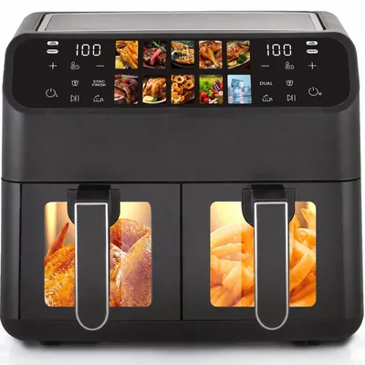Produktbild von Draixcor Heißluftfritteuse 9L XXL Dual 2000W, Airfryer mit 2 Kammern, 2x4,5L, Sichtfenster, Farb-Touchscreen, 10 Programme, Sync-Finish, fettarm, 360°