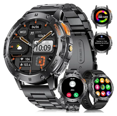 Produktbild von Fur Herren Militär, 530mAh Akku/Amoled Sportuhr mit Taschenlampe/3 Armbänder, 120+ Sportmodi, IP68 wasserdichte Fitnessuhr mit 24/7 Herzfrequenz