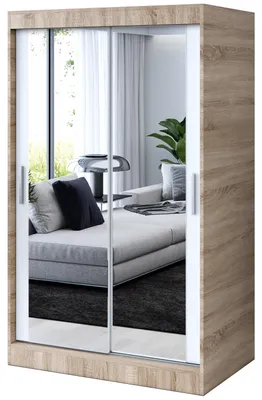 Zdjęcie produktu dla Szafa przesuwna Dąb Sonoma/ Biały Mat - 120x200cm - Szafa przesuwna KARL - z 2 lustrami- do sypialni i garderoby