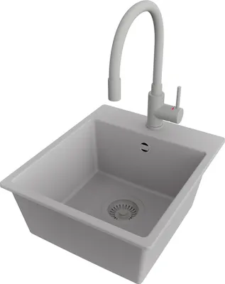 Produktbild von PRIMAGRAN Granitspüle Grau 38x44cm, Spülbecken 1 Becken + Küchenarmatur 38x14cm + Ablauf-Set, Küchenspüle ab 40er Unterschrank - Riga Easy