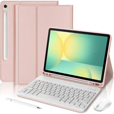 Image de Coque Clavier pour Samsung Galaxy Tab S10 FE / S10 Lite / S9 FE - CuirPolyuréthaneRose avec Souris, Stylet et Clavier Bluetooth
