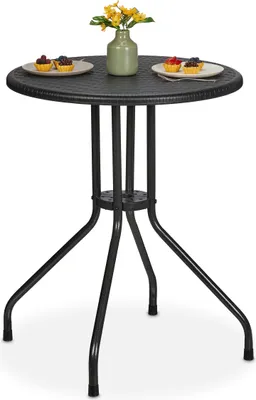 Produktbild von Relaxdays Gartentisch, H x D: 73 x 60 cm, Rattanoptik, Kunststoff & Stahl, Outdoor Esstisch, runder Balkontisch, schwarz