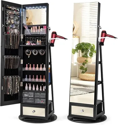 Imagen del producto de Armario giratorio para joyas con espejo de cuerpo entero, organizador de joyas con iluminación LED, soporte para secador de pelo, armario espejo con cajón y estantes, ideal para dormitorios ()