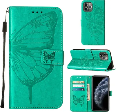 Produktbild von iPhone 11 Pro Max Hülle, Schmetterling Prägung Flip Leder Kartenfächer Schutzhülle Ledertasche mit Ständer für iPhone 11 Pro Max Grün