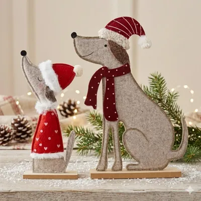 Produktbild von Weihnachtsdeko Hundepaar – Filzfiguren mit Santa-Outfits