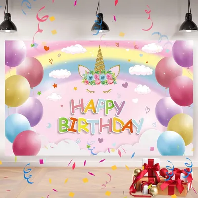 Image de Bannières "Joyeux anniversaire", décorations, fond avec le thème de la licorne