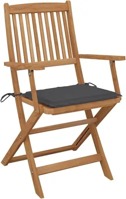 Immagine prodotto di Set di 8 sedie da giardino pieghevoli in legno di acacia massello, complete di cuscini, ideali per terrazza e giardino. Si piegano per un facile stoccaggio e occupano poco spazio. Ogni seduta è resistente fino a 110 kg
