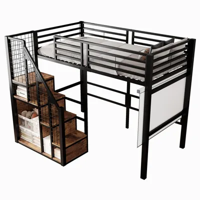 Produktbild von Hochbett mit Lattenrost, Rausfallschutz, Treppe, Regal und Kleiderschrank, 90x200 cm, Metallbett, Jugendbett
