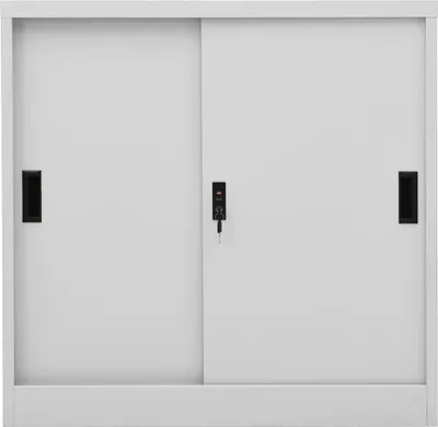 A front view of a light gray metal filing cabinet with two sliding doors.
