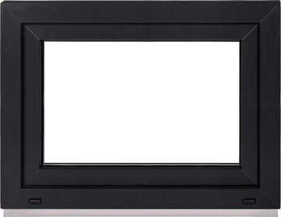 A black framed window with a white interior, presented on a white background.
