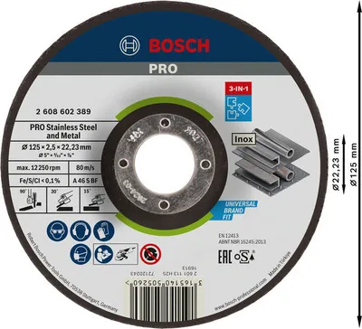 Zdjęcie produktu dla Bosch 2 608 602 389, Tarcza tnąca, Metal, Stal nierdzewna, 12,5 cm, Bosch, Środek z wgłębieniem, 2,22 cm